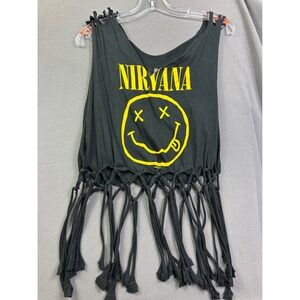Nirvana Smiley Face Fringe Tank Top Black Distressed DIY Graphic Tee Small